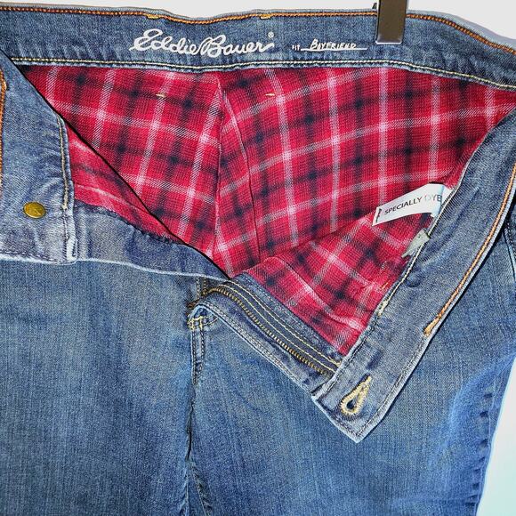 Eddie Bauer Flannel Lined Jeans Boyfriend Fit Womens Sz 14 Medium Wash Red Plaid - Picture 5 of 14